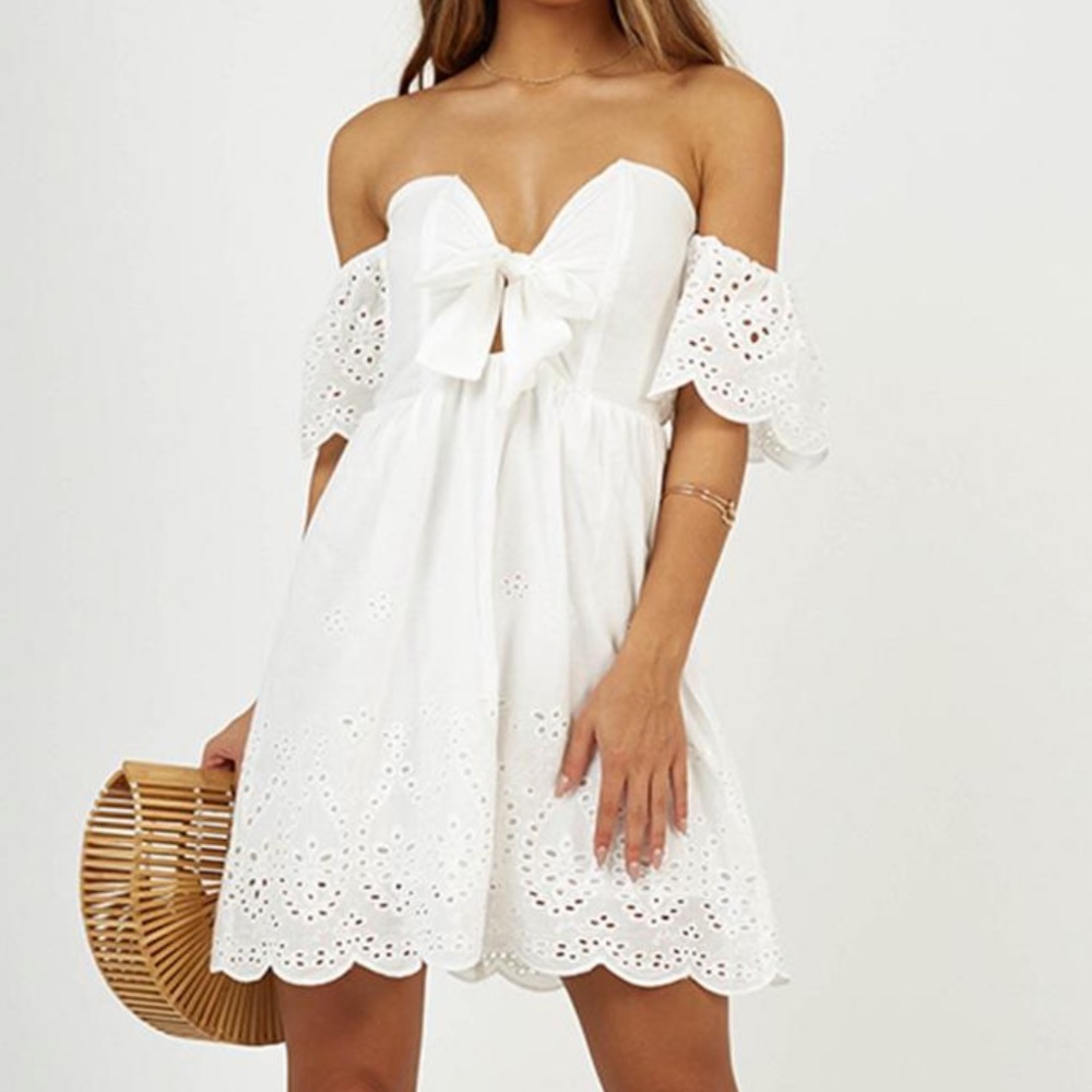 Showpo Rising Moon White Embroidery Eyelet Off The Shoulder Strapless Dress